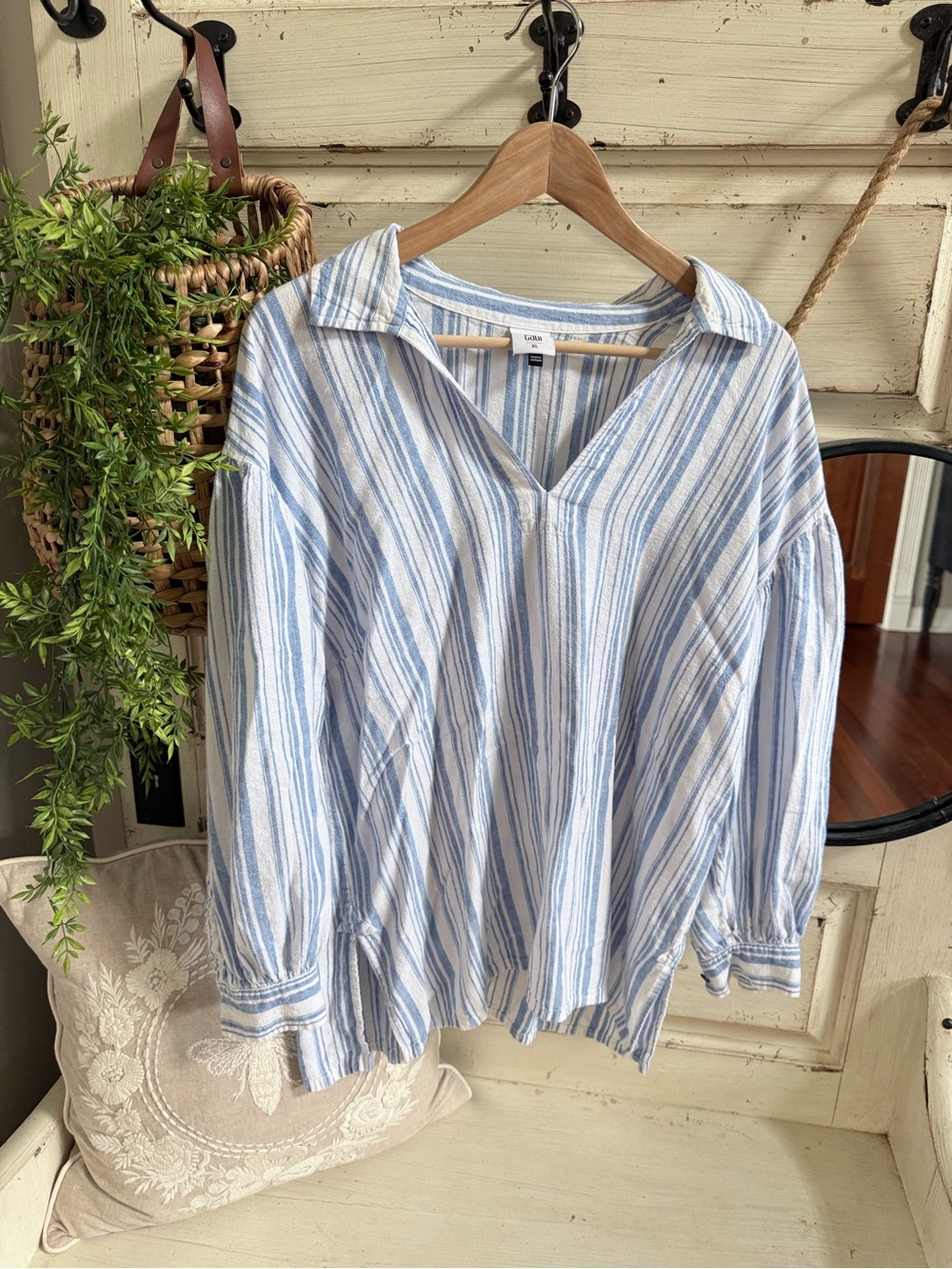 CAbi Blue and White Striped Collared Tunic